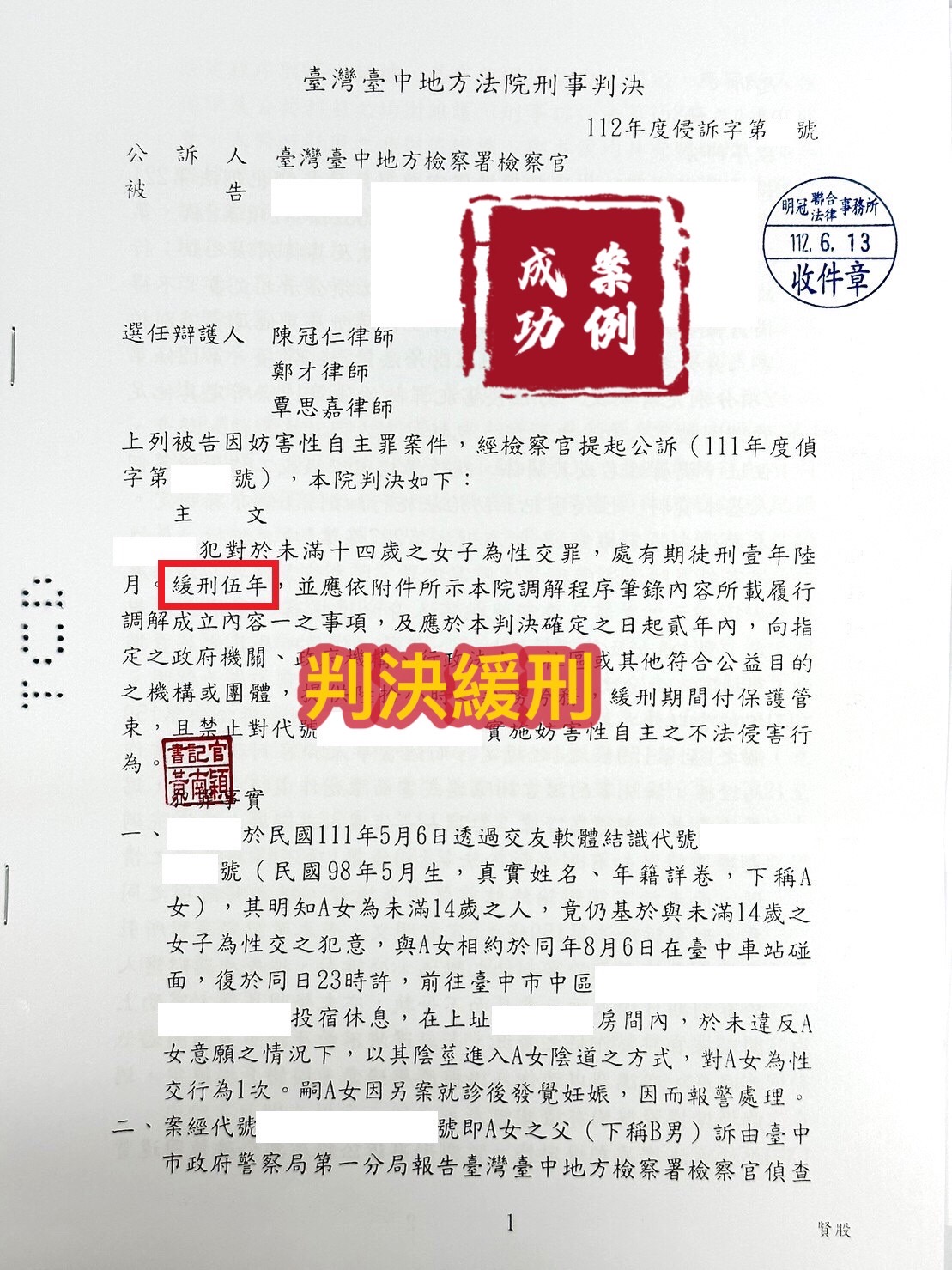 112.6.13當事人被告妨害性自主案件，今委任律師辯護，法官給予緩刑。