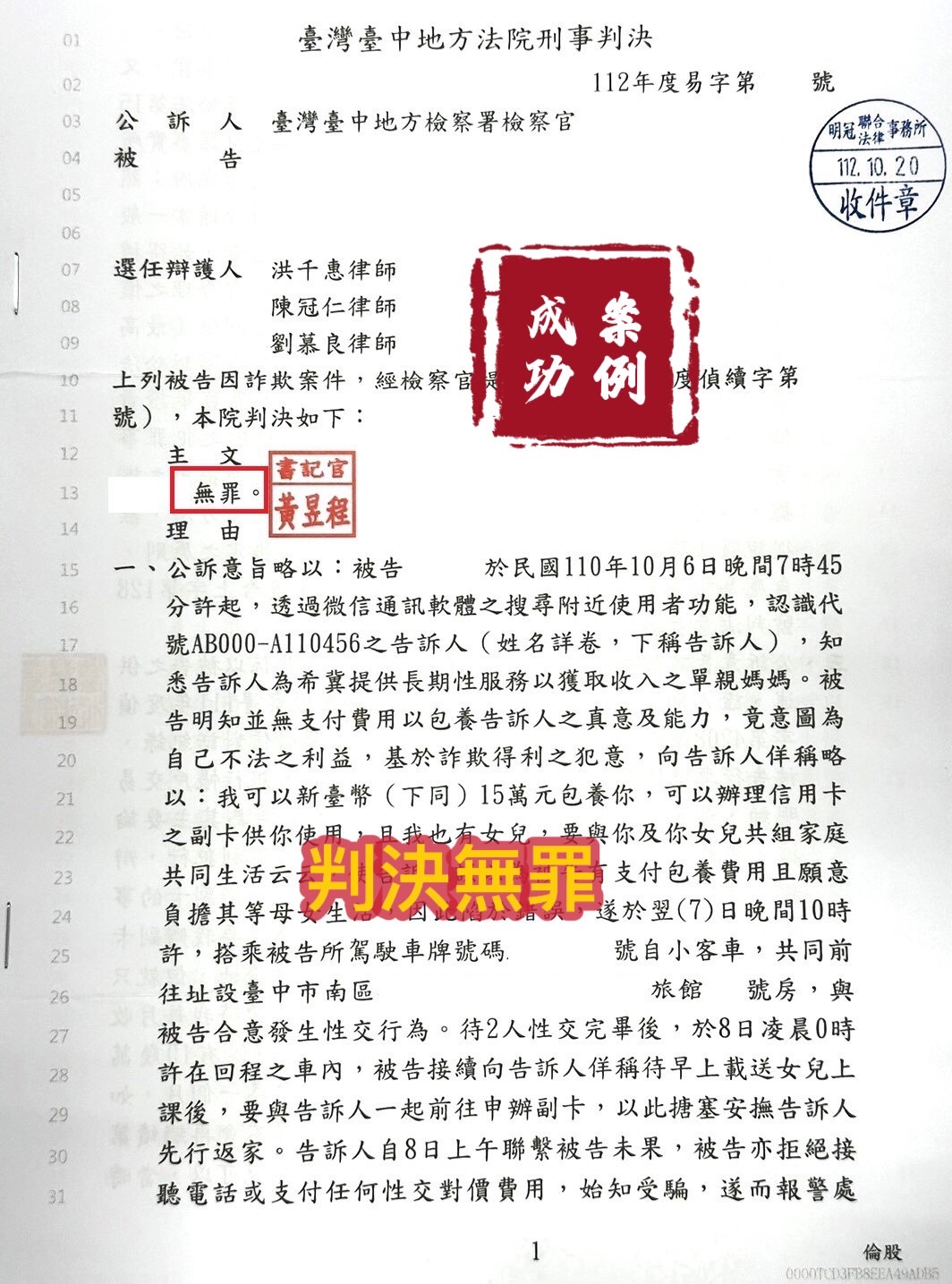 112.10.20被告遭檢察官起訴35件詐欺罪，經委任律師辯護，一審法院判決全部無罪。