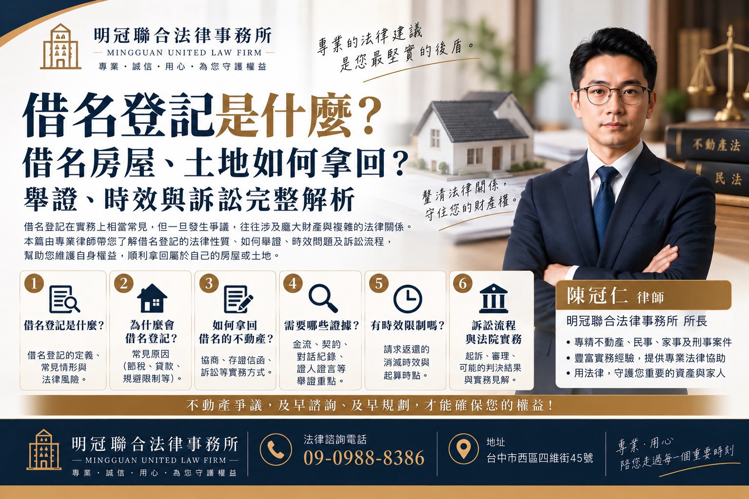 借名登記真正的重點，不只是誰出錢， 而是能不能證明雙方確實約定： 財產只是登記在對方名下，但實際管理、使用、收益或處分仍由借名人掌握。