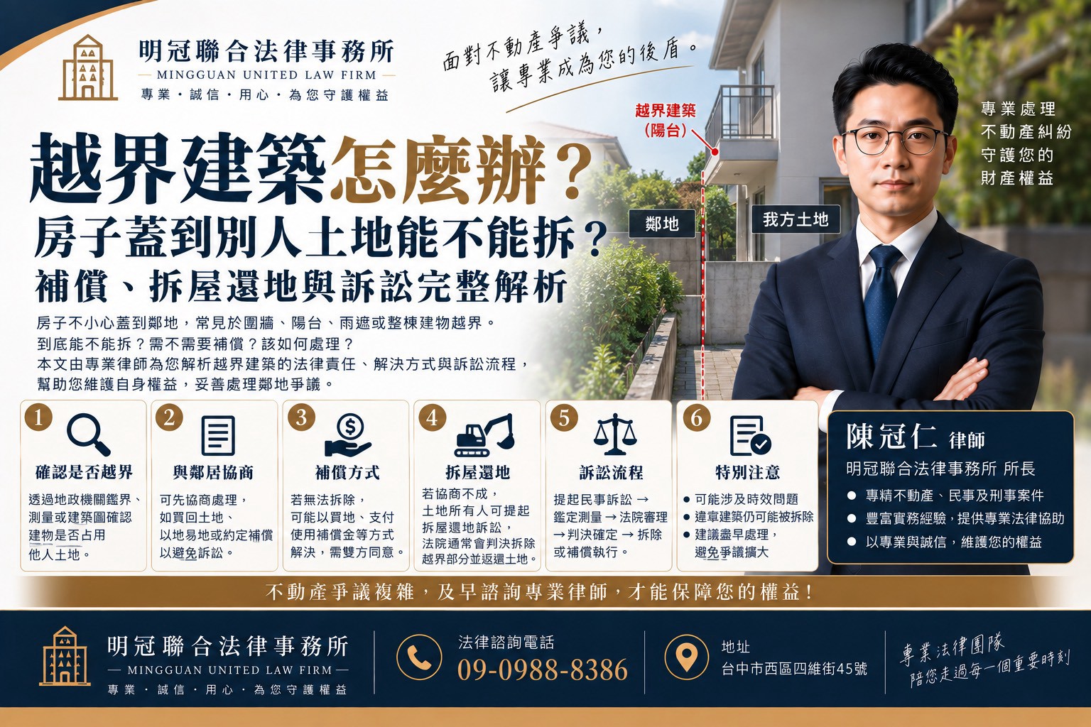 所謂越界建築，簡單來說，就是： 建物的一部分或全部，實際坐落在他人土地範圍內。