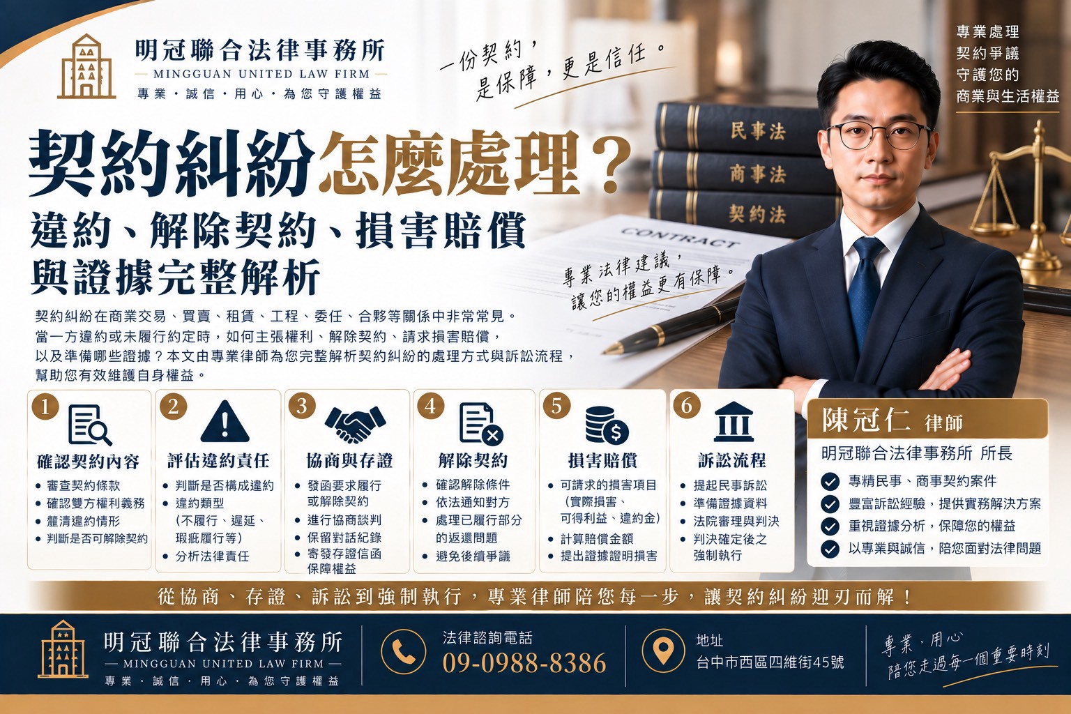 契約糾紛真正的核心,不只是「對方有沒有違約」,而是要先確認契約有沒有成立、約定內容是什麼、誰先違約,以及損失能不能證明。